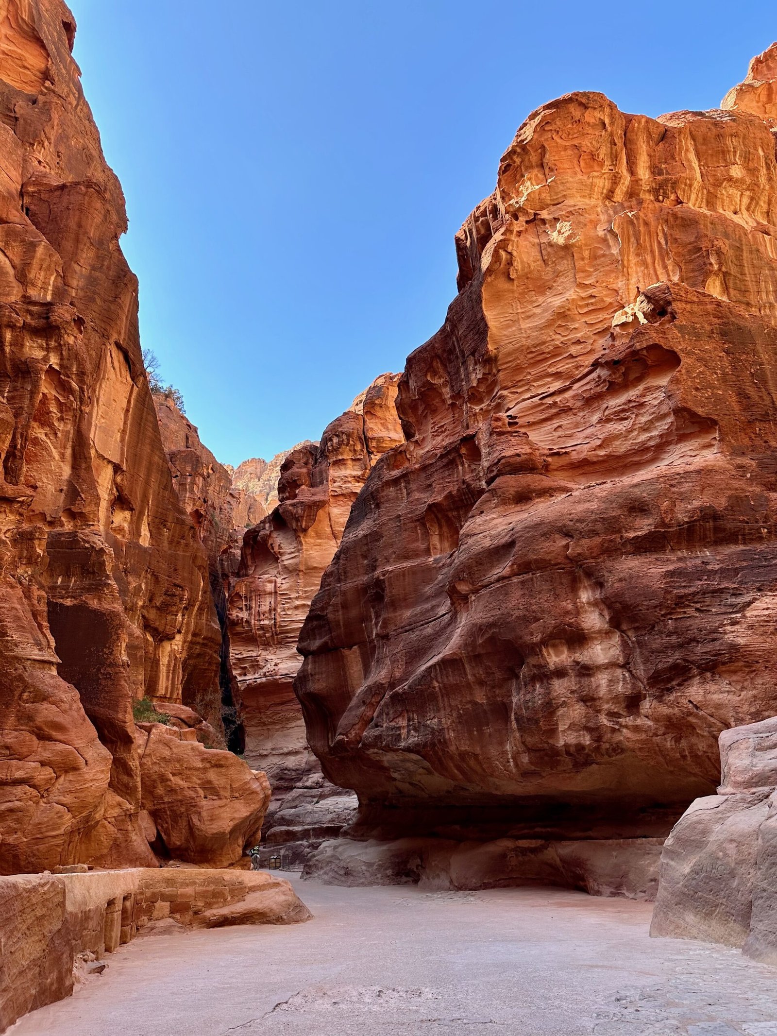 View of the Siq near Petra, showing steep reddish sandstone canyon walls, a trail leading to Petra, and a blue sky above.