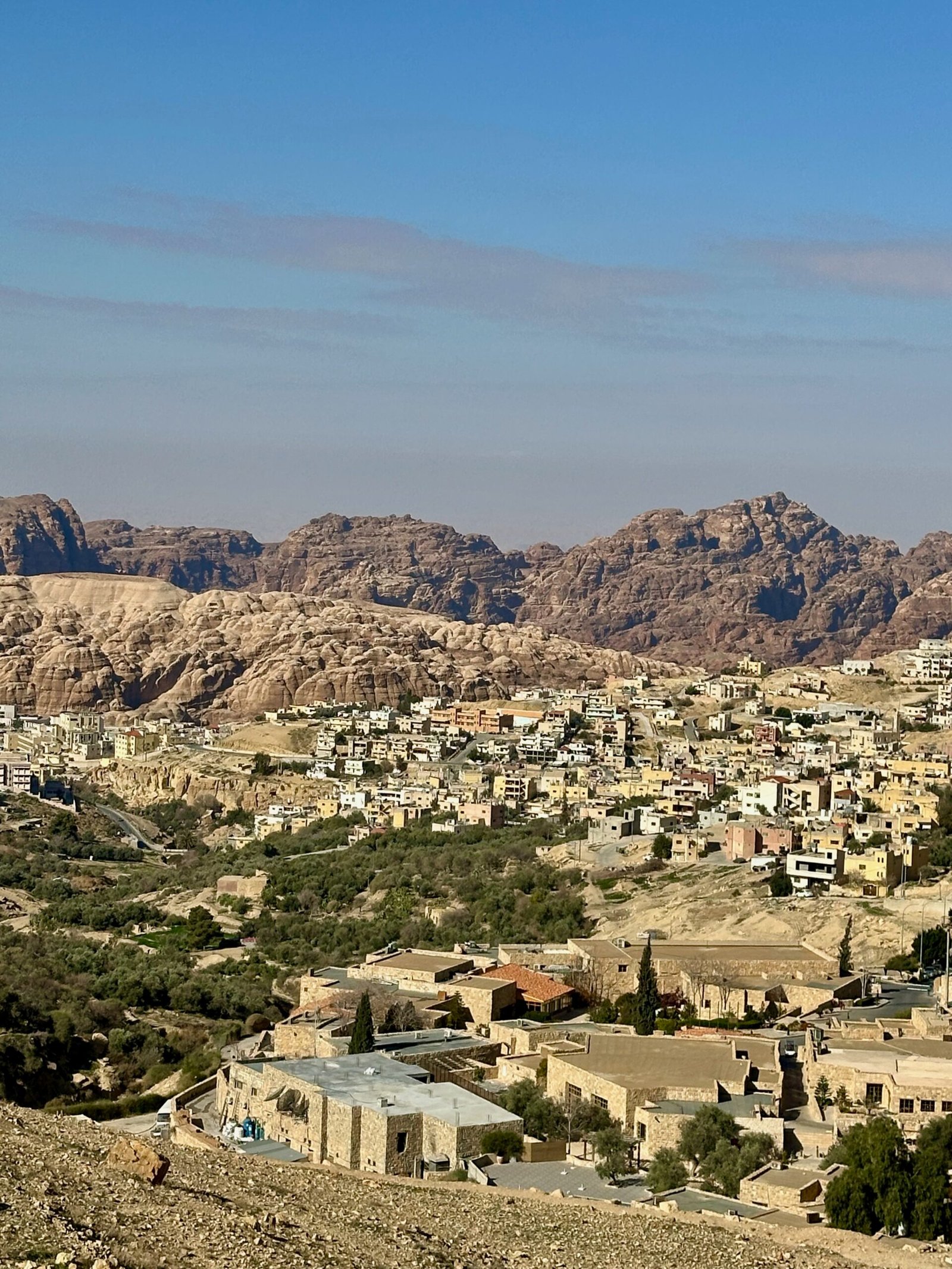 View from a hillside overlooking Wadi Musa, with Petra’s reddish sandstone cliffs visible in the distance.